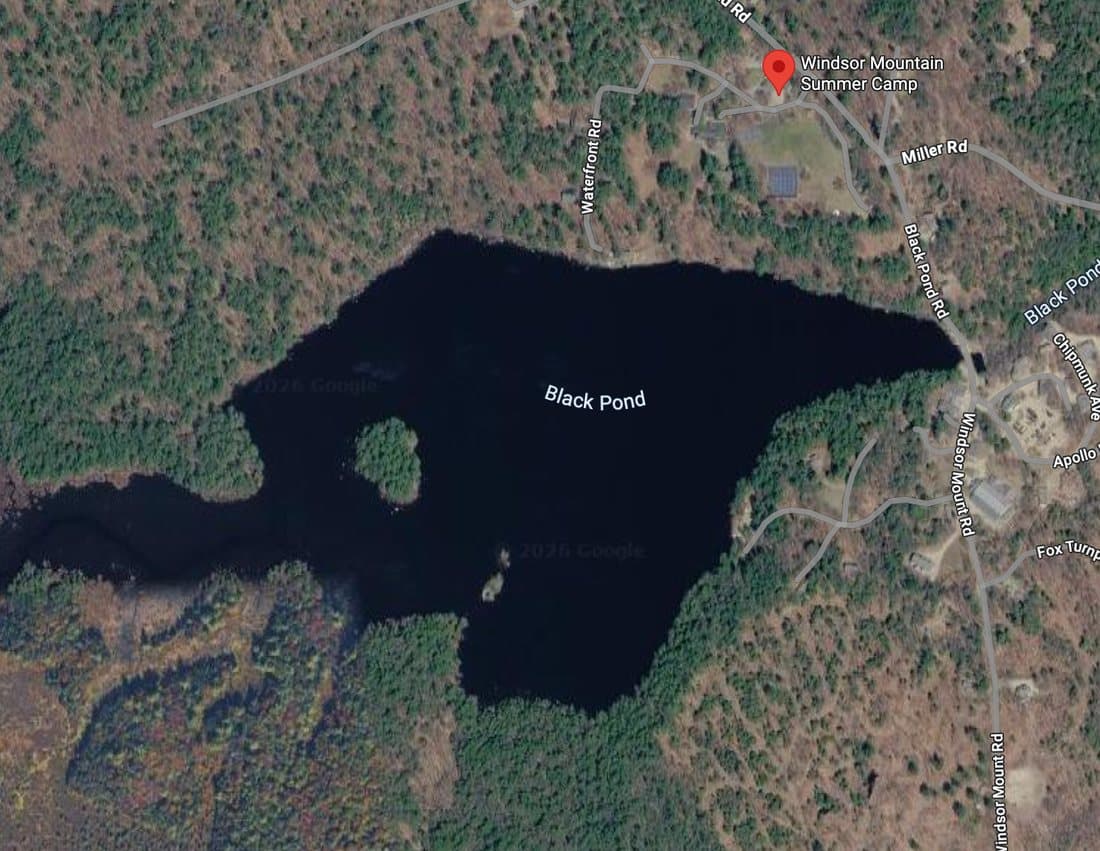 Satellite view of Black Pond, with Windsor Mountain marked on the north shore.